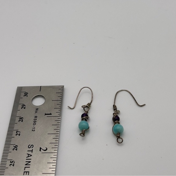 Boho Light Blue & Purple Beaded Wire Wrapped Dangle Earrings 925 Sterling Silver - Picture 5 of 5